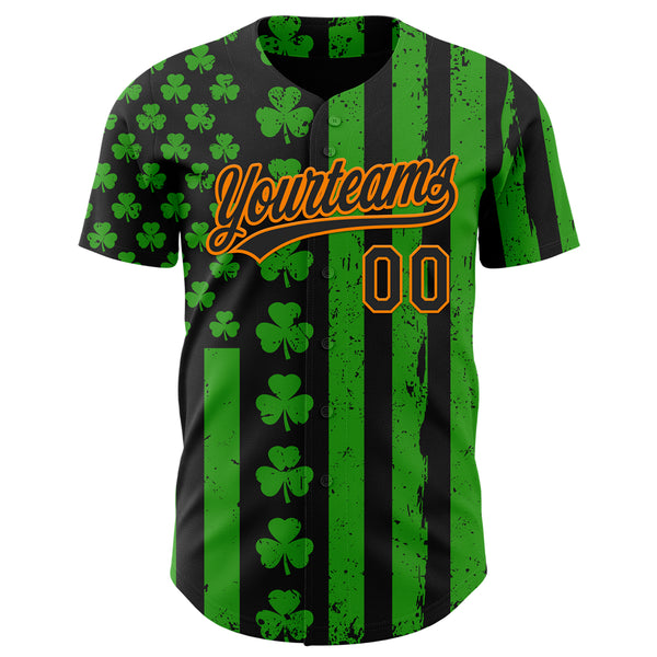 Custom Green Black-Bay Orange 3D St. Patrick's Day Shamrock Authentic Baseball Jersey