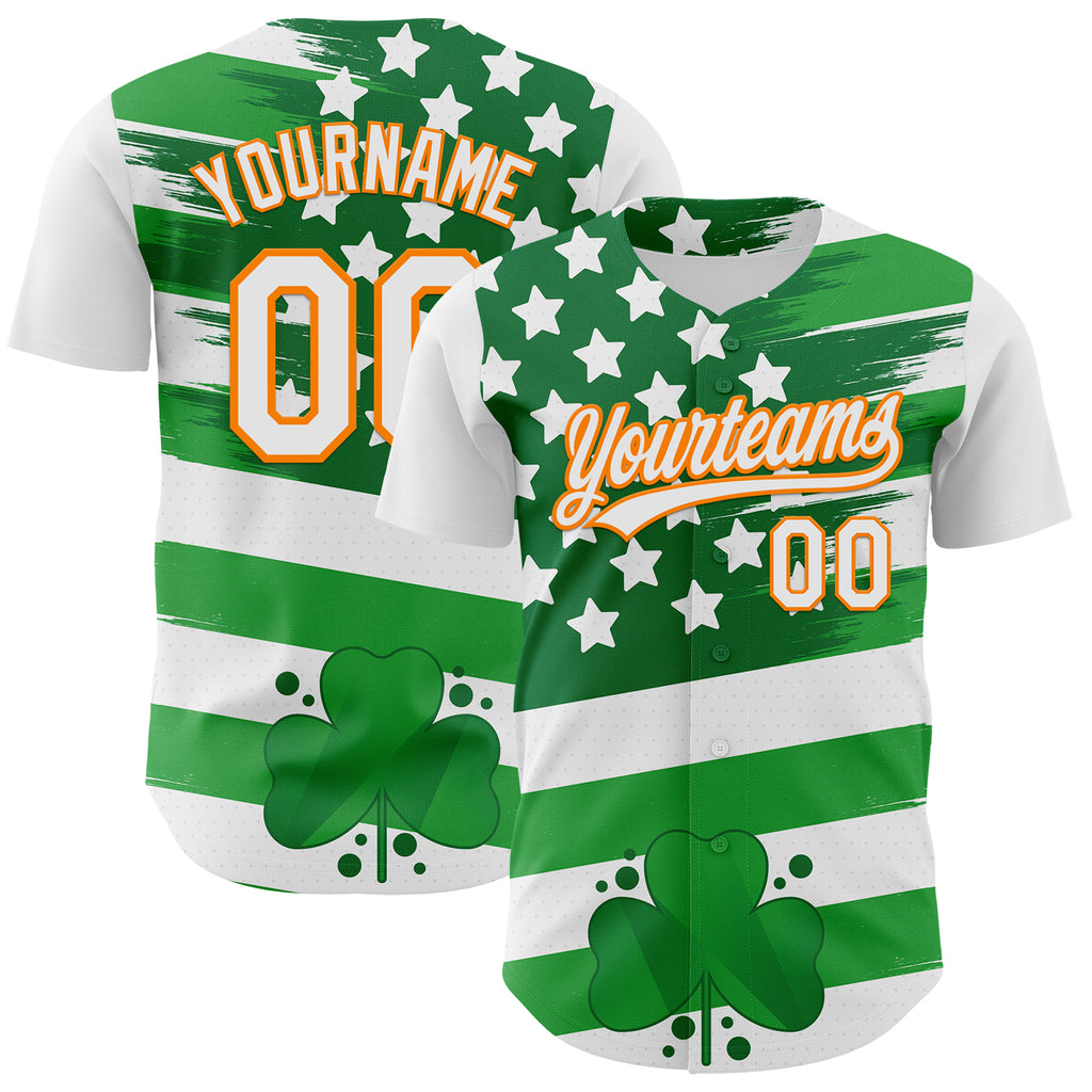 Custom White Bay Orange-Green 3D St. Patrick's Day Shamrock Authentic Baseball Jersey