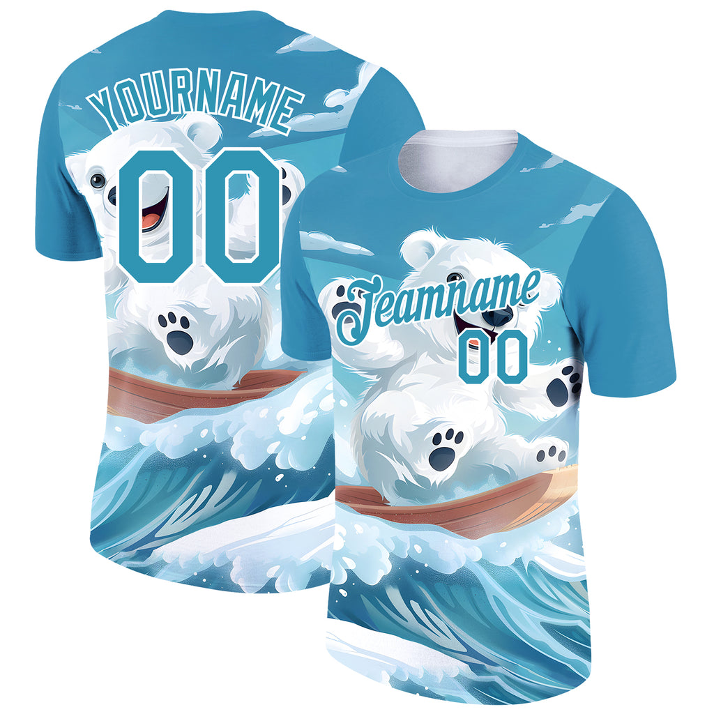 Custom Panther Blue White 3D Pattern Design Extreme Sport Cartoon Animal Bear Skiing Performance T-Shirt