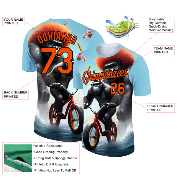 Custom Ice Blue Orange-Black 3D Pattern Design Extreme Sport Cartoon Animal Gorilla Riding Performance T-Shirt