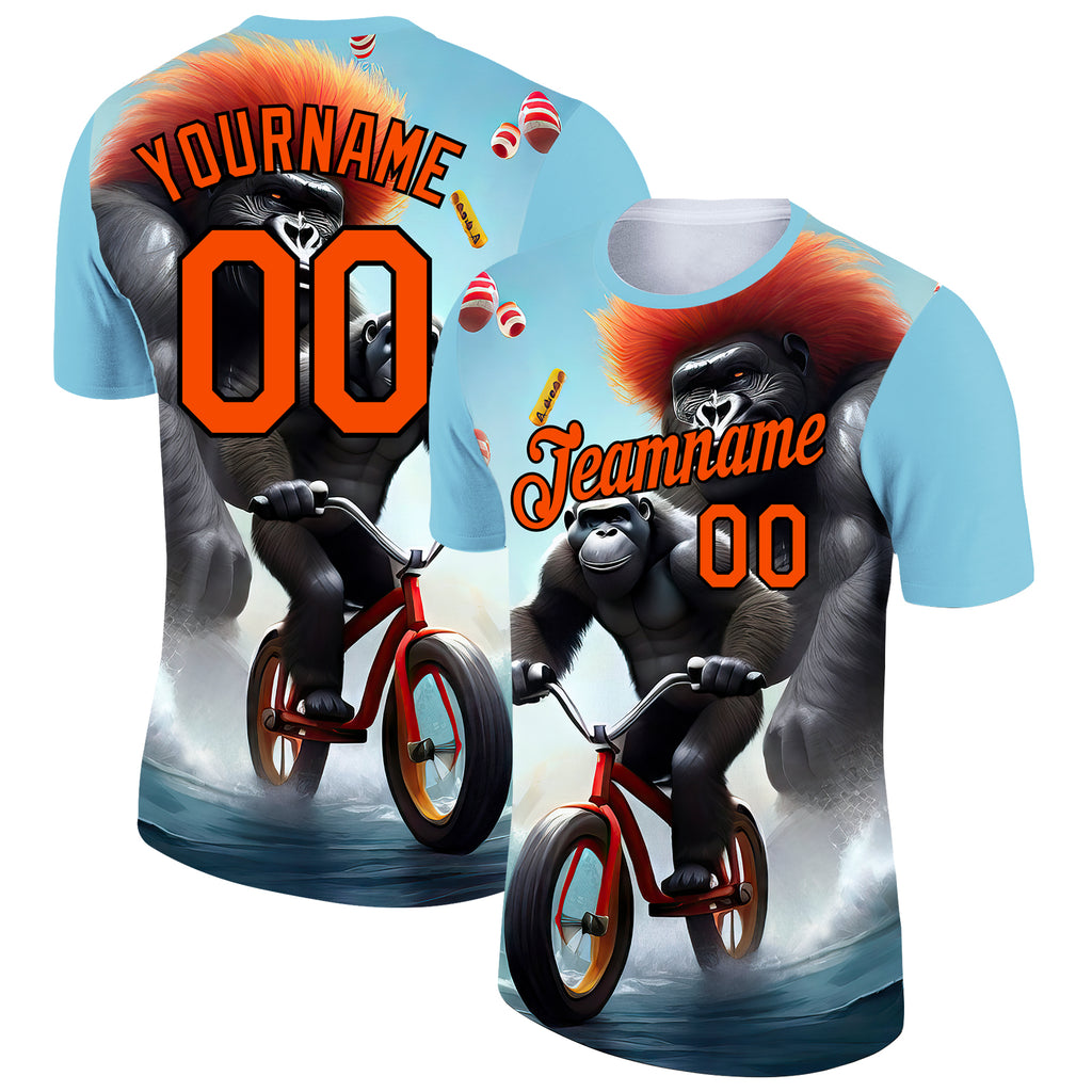 Custom Ice Blue Orange-Black 3D Pattern Design Extreme Sport Cartoon Animal Gorilla Riding Performance T-Shirt