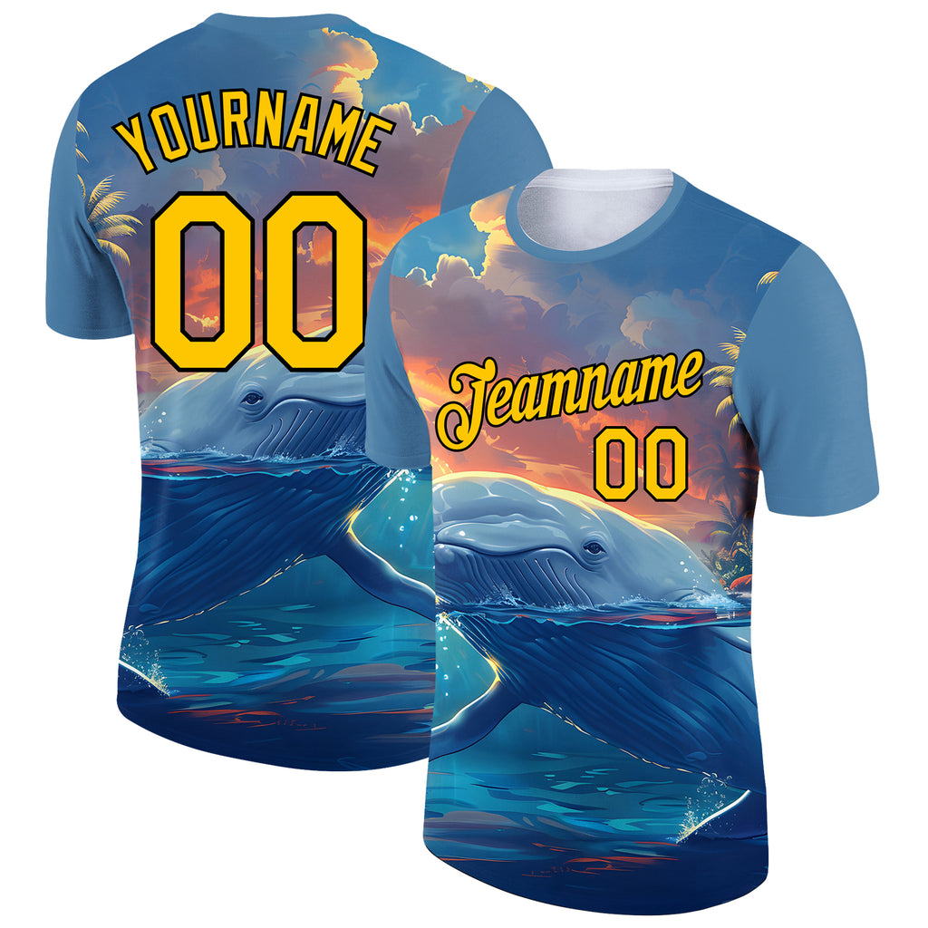 Custom Shadow Blue Gold-White 3D Pattern Design Extreme Sport Marine Aquatic Animal Whale Performance T-Shirt