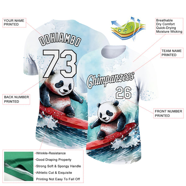 Custom White Black 3D Pattern Design Extreme Sport Cartoon Animal Panda Surfing Performance T-Shirt