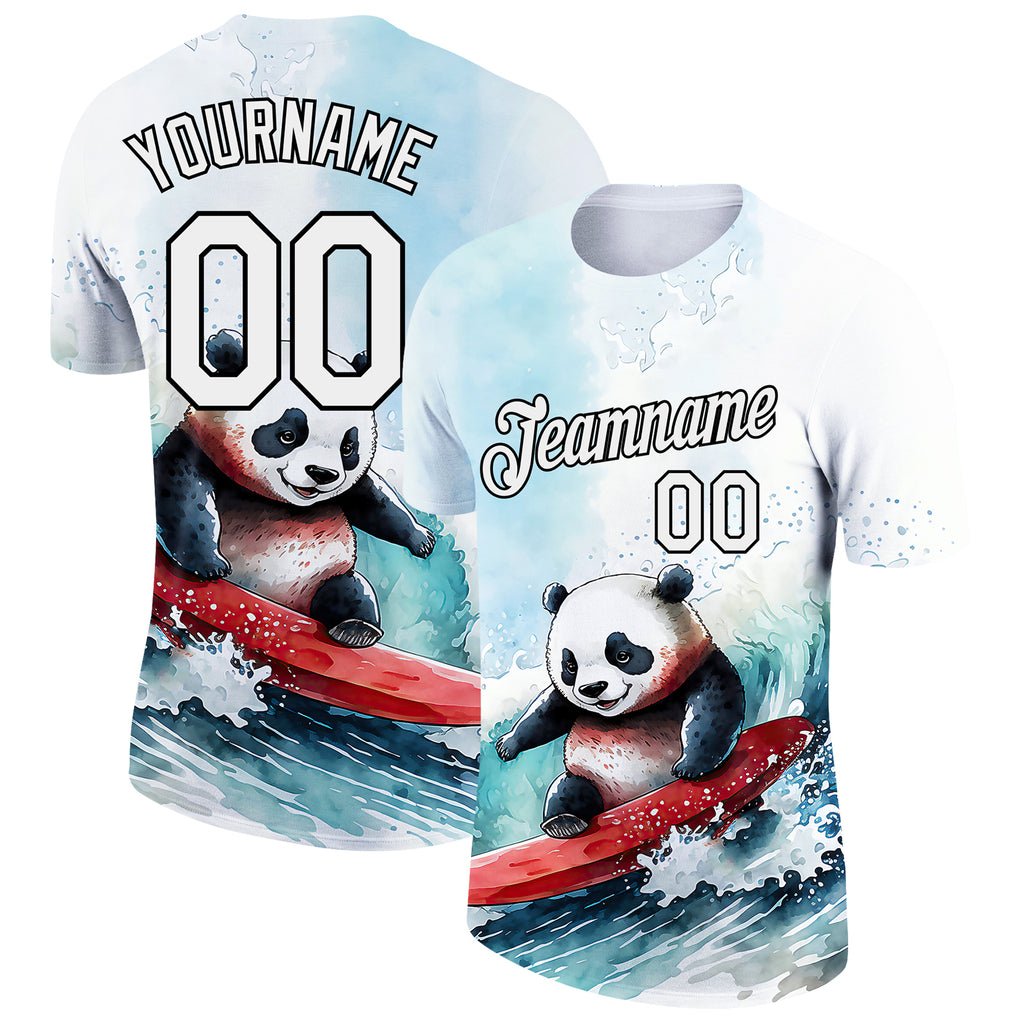 Custom White Black 3D Pattern Design Extreme Sport Cartoon Animal Panda Surfing Performance T-Shirt