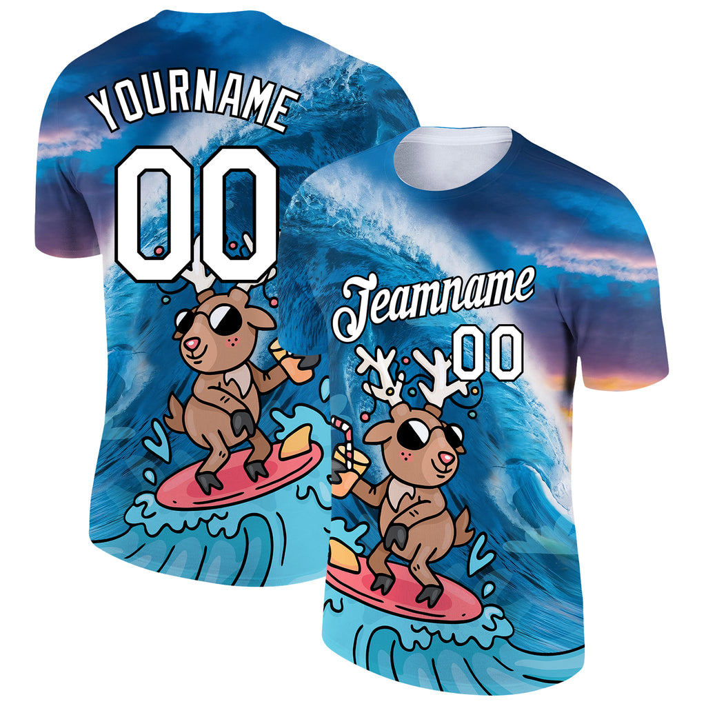 Custom Blue White-Black 3D Pattern Design Extreme Sport Cartoon Animal Deer Surfing Performance T-Shirt