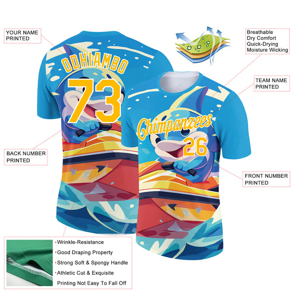 Custom Sky Blue Gold-White 3D Pattern Design Extreme Sport Cartoon Animal Dolphin Surfing Performance T-Shirt