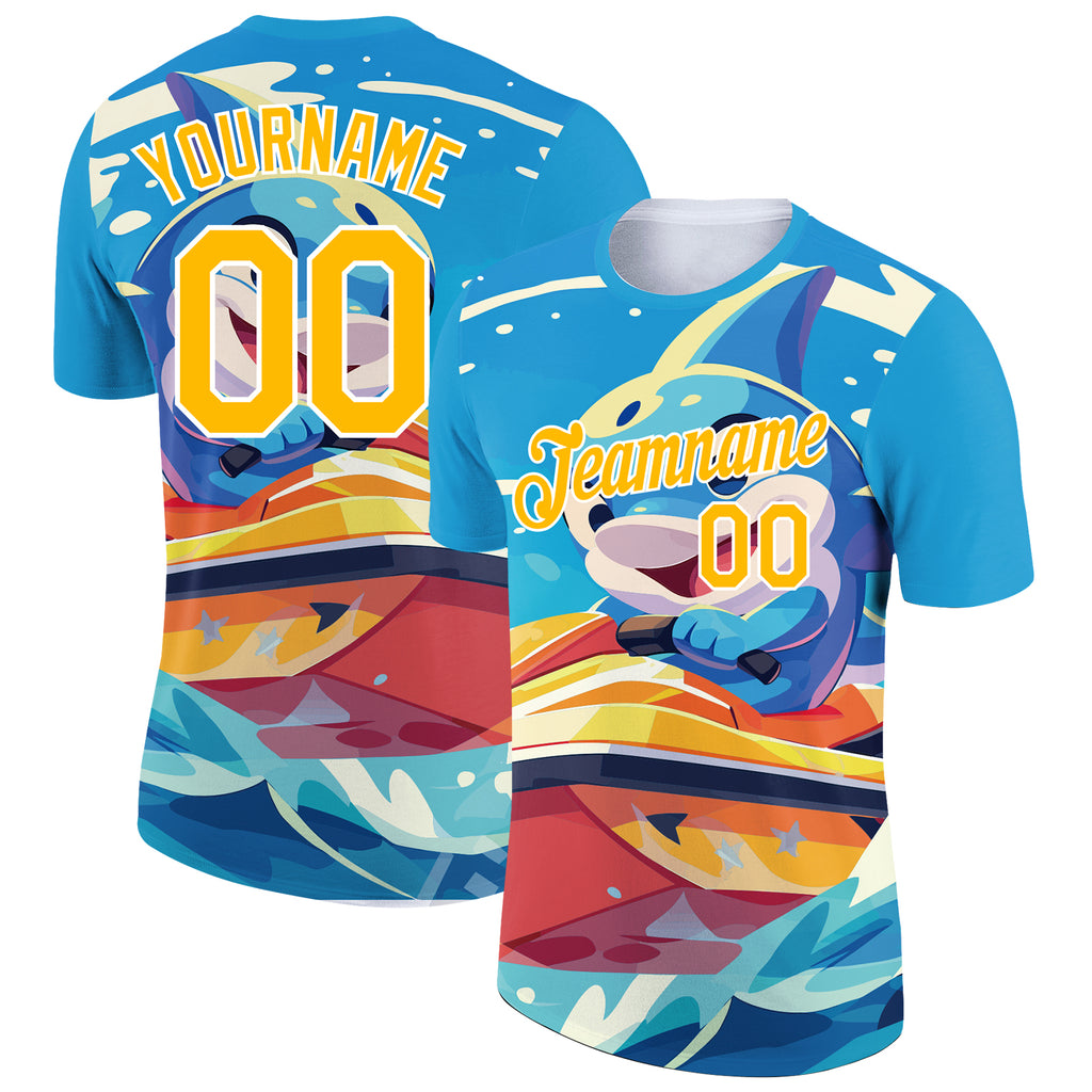 Custom Sky Blue Gold-White 3D Pattern Design Extreme Sport Cartoon Animal Dolphin Surfing Performance T-Shirt