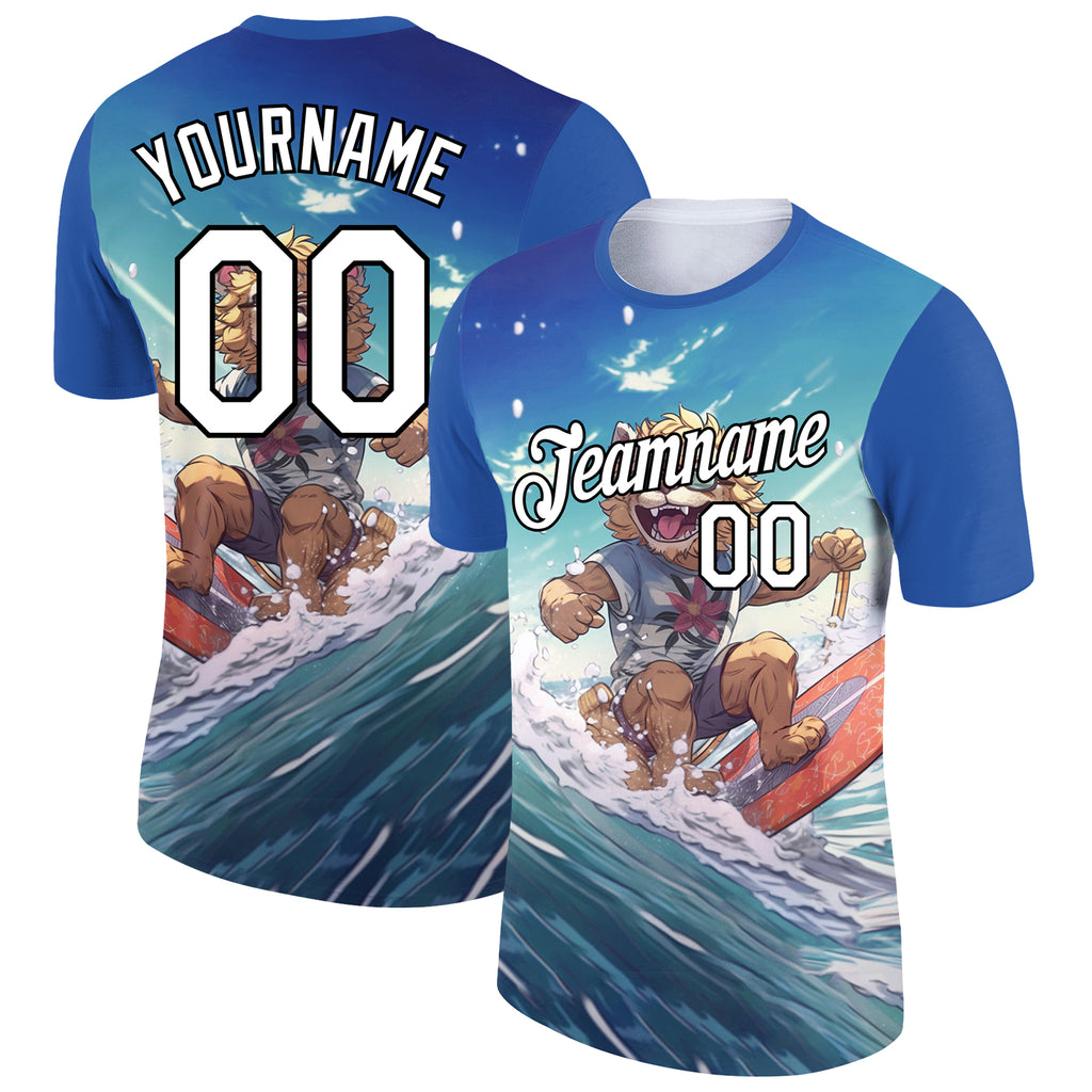 Custom Sky Blue White-Black 3D Pattern Design Extreme Sport Cartoon Animal Lion Surfing Performance T-Shirt