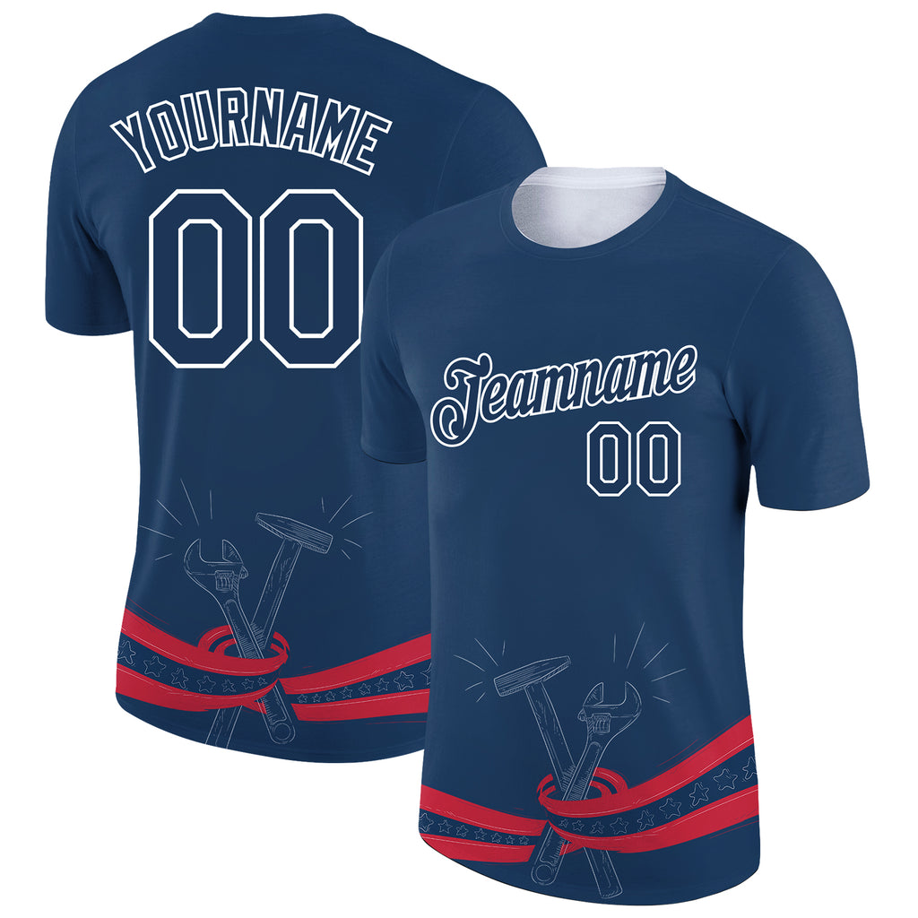 Custom US Navy Blue White-Red 3D Pattern Design Tool Wrench And Hammer Labor Day Performance T-Shirt