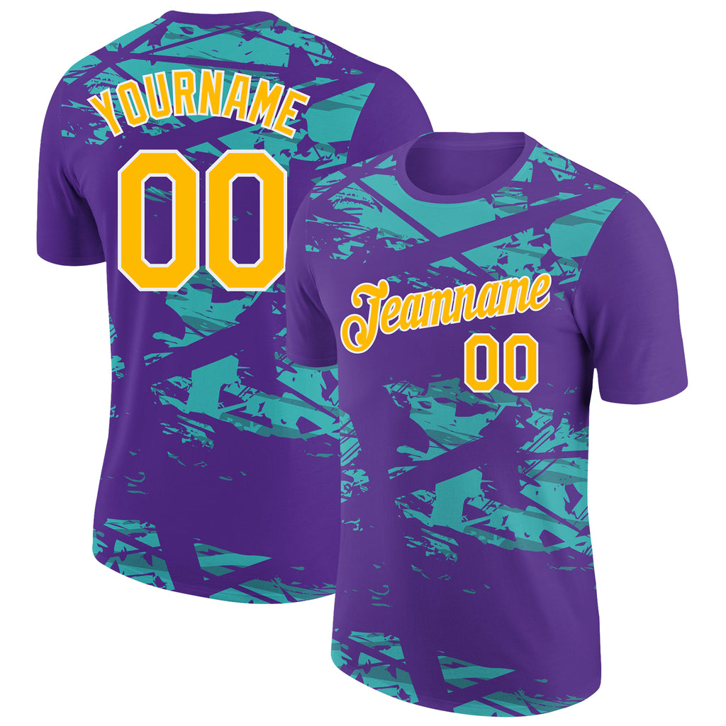 Custom Purple Gold-Aqua 3D Esports Performance T-Shirt