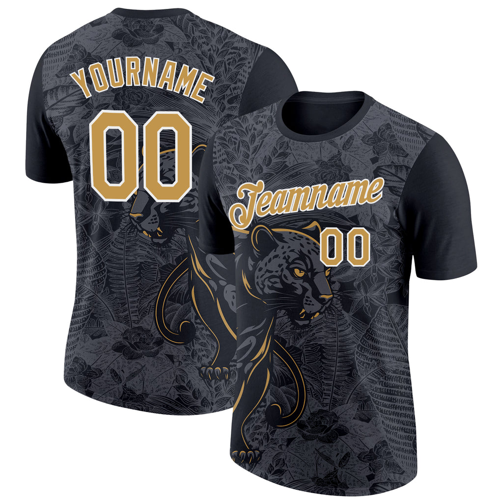 Custom Black Old Gold-Steel Gray 3D Esports Leopard Performance T-Shirt