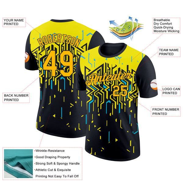 Custom Black Gold Light Yellow-Sky Blue 3D Esports Performance T-Shirt