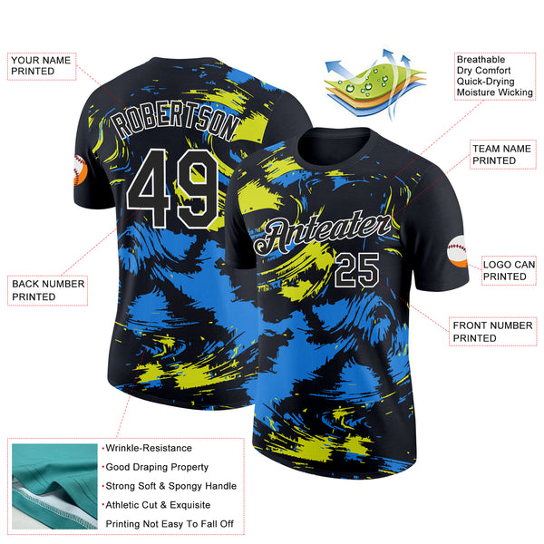 Custom Black Powder Blue-Neon Yellow 3D Esports Performance T-Shirt