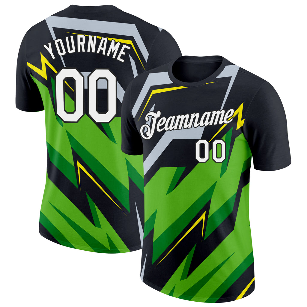 Custom Black Aurora Green Silver-Light Yellow 3D Esports Performance T-Shirt