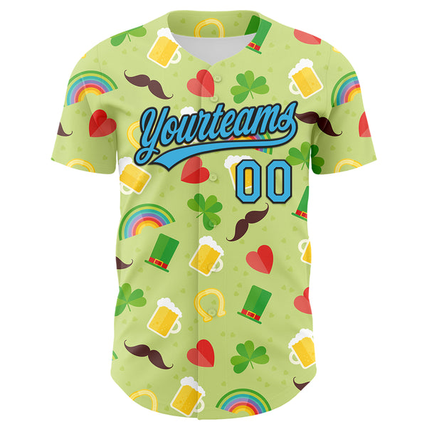 Custom Green Sky Blue-Black 3D St. Patrick's Day Shamrock Beer Authentic Baseball Jersey