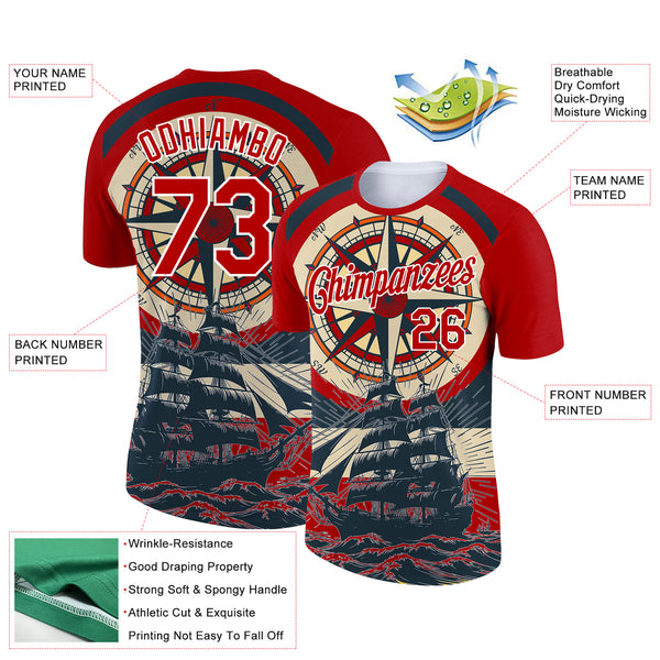 Custom Red White 3D Pattern Design Sailing Ship Compass Columbus Day Performance T-Shirt