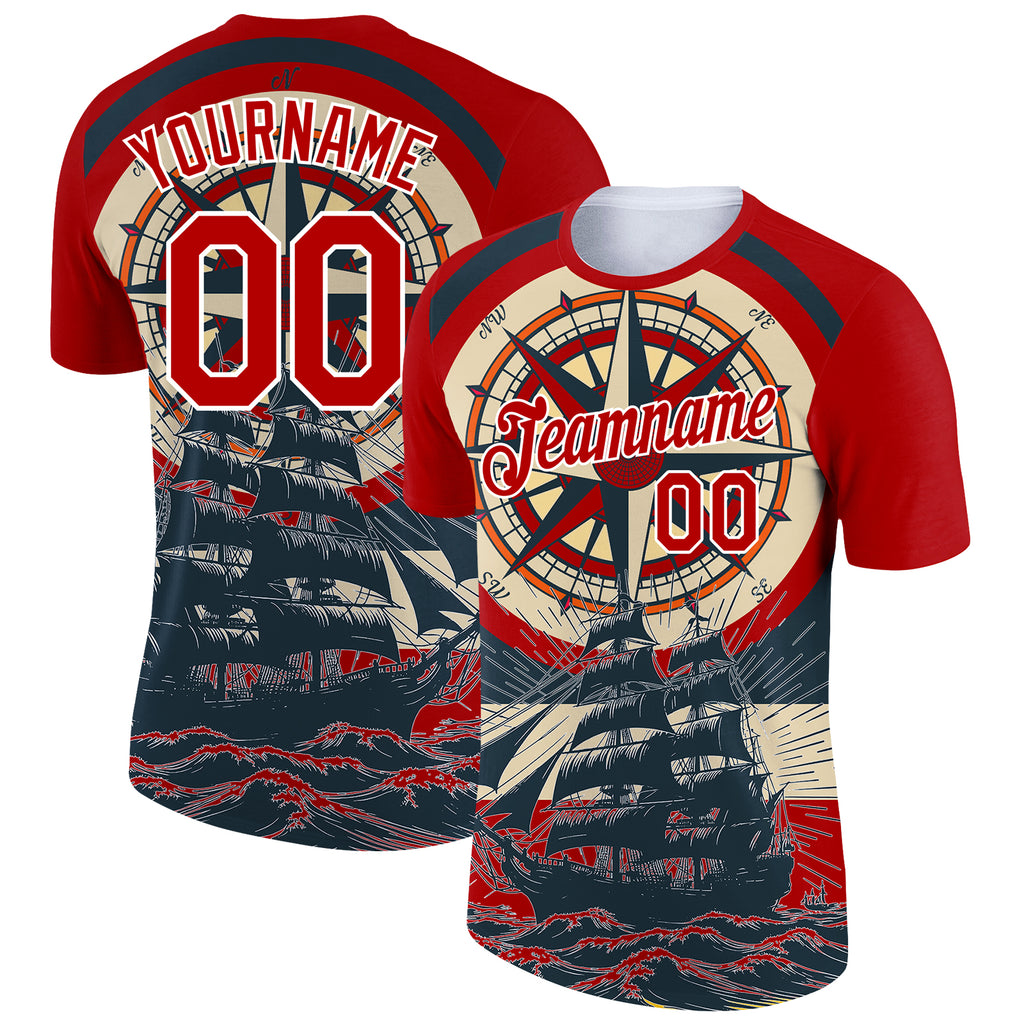 Custom Red White 3D Pattern Design Sailing Ship Compass Columbus Day Performance T-Shirt