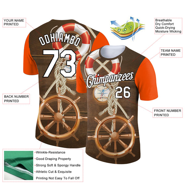 Custom Brown Orange-Black 3D Pattern Design Sailing Ship Wheel Lifebuoy Compass Columbus Day Performance T-Shirt