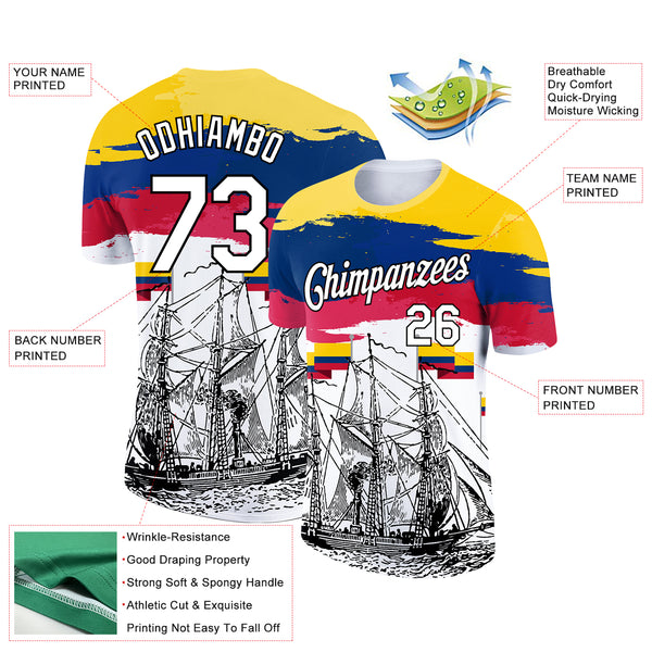 Custom Gold Royal Red-Black 3D Pattern Design Sailing Ship Columbus Day Colombian Flag Performance T-Shirt