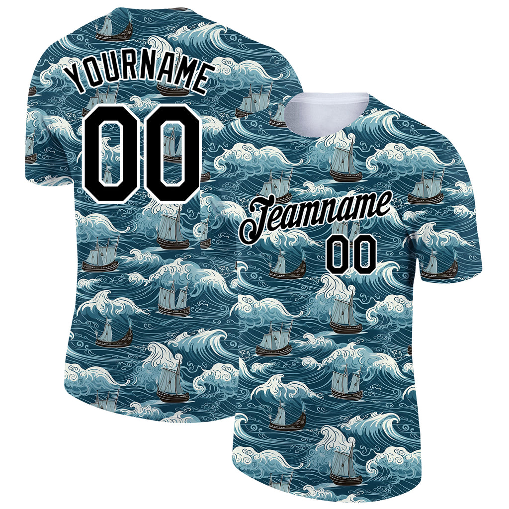 Custom Teal Black-White 3D Pattern Design Sailing Ship Columbus Day Performance T-Shirt