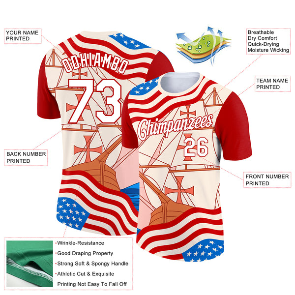 Custom City Cream White-Red 3D Pattern Design Sailing Ship Columbus Day American Flag Performance T-Shirt