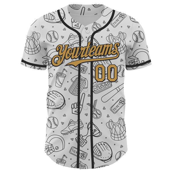 Custom White Old Gold-Black Comic Doodle Ballgame 3D Pattern Design Authentic Baseball Jersey