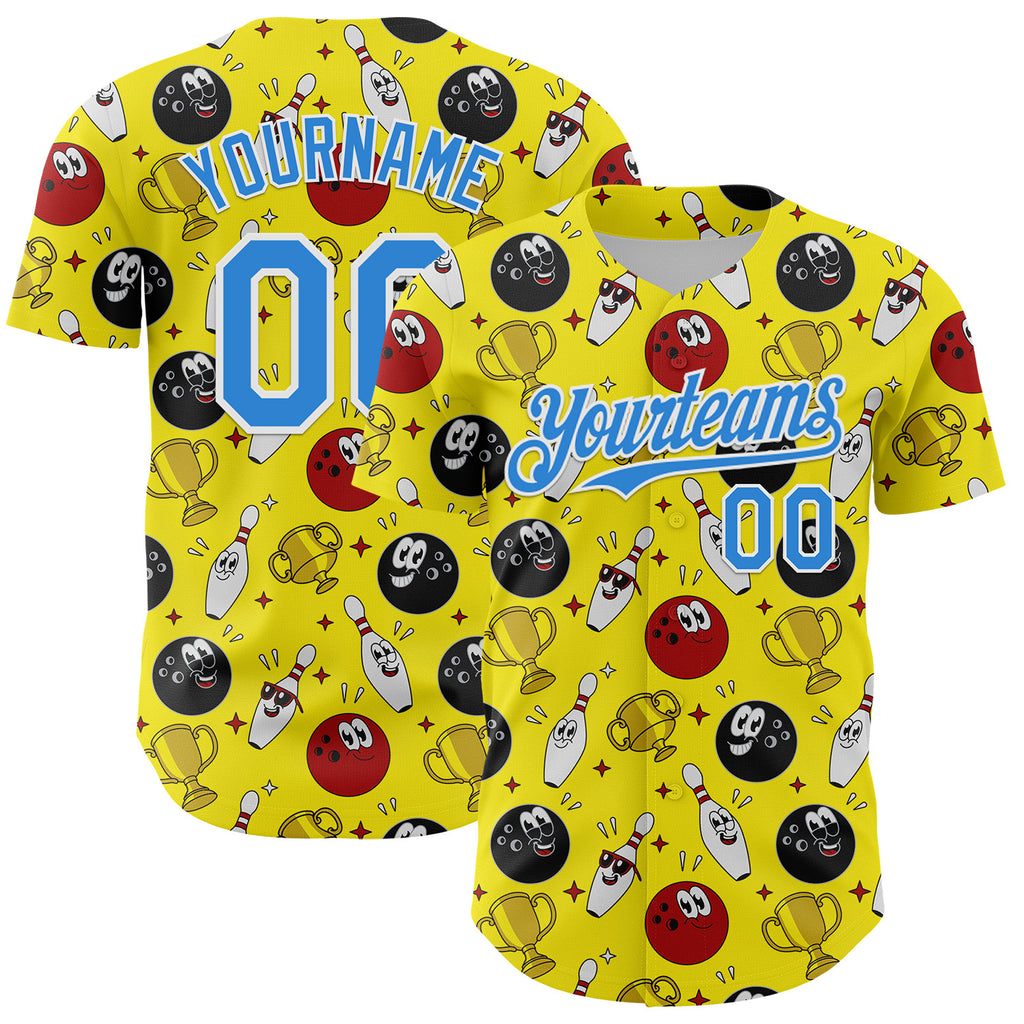 Custom Light Yellow Electric Blue-White Comic Doodle Ballgame 3D Pattern Design Authentic Baseball Jersey