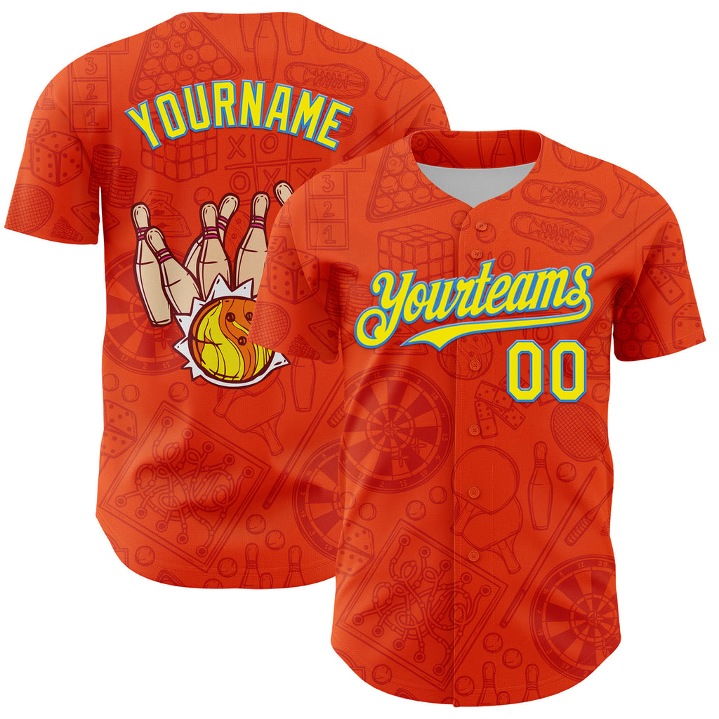 Custom Orange Light Yellow-Electric Blue Comic Doodle Ballgame 3D Pattern Design Authentic Baseball Jersey