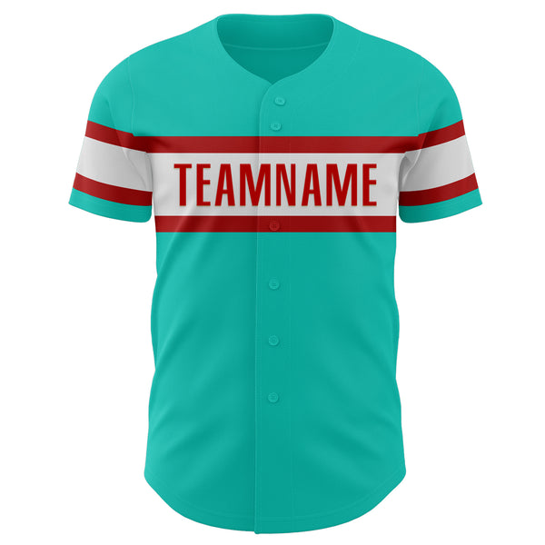 Custom Aqua White-Red Authentic Baseball Jersey