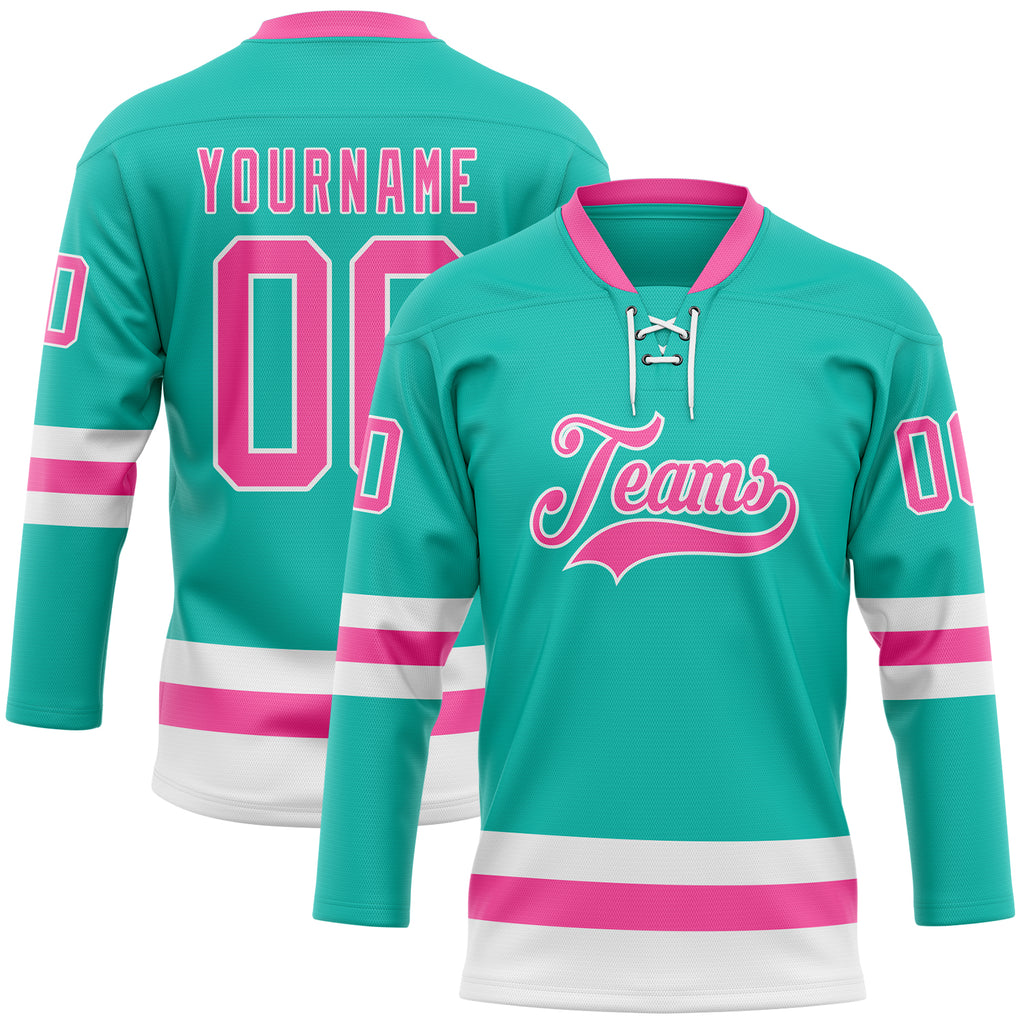 Custom Aqua Pink-White Hockey Lace Neck Jersey