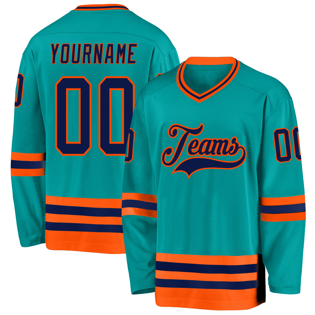 Custom Aqua Navy-Orange Hockey Jersey