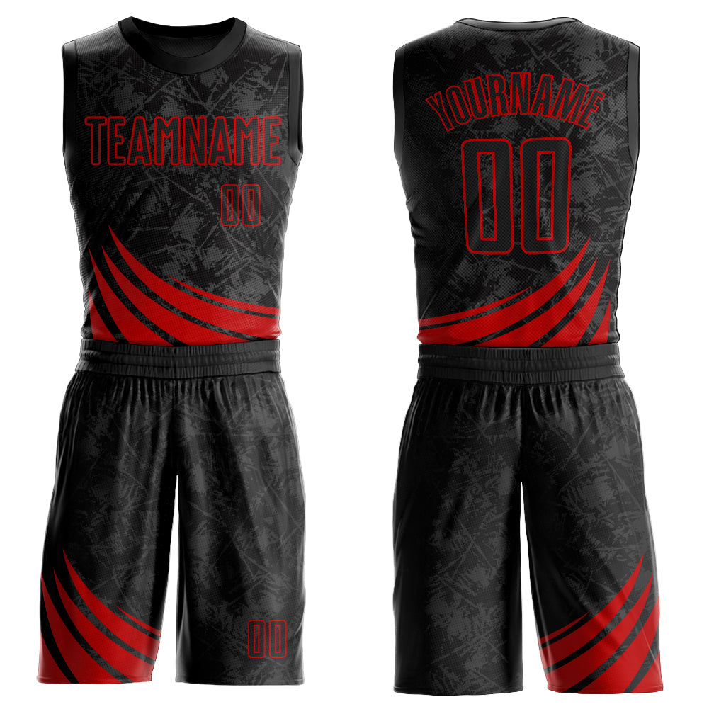 Custom Black Red Wind Shapes Round Neck Sublimation Basketball Suit Jersey