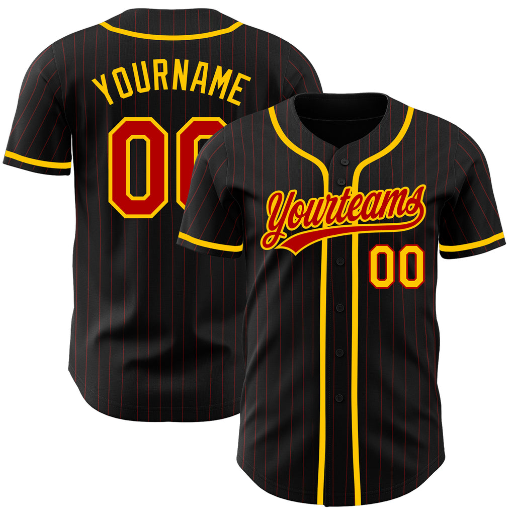 Custom Black Red Pinstripe Red-Yellow Authentic Baseball Jersey