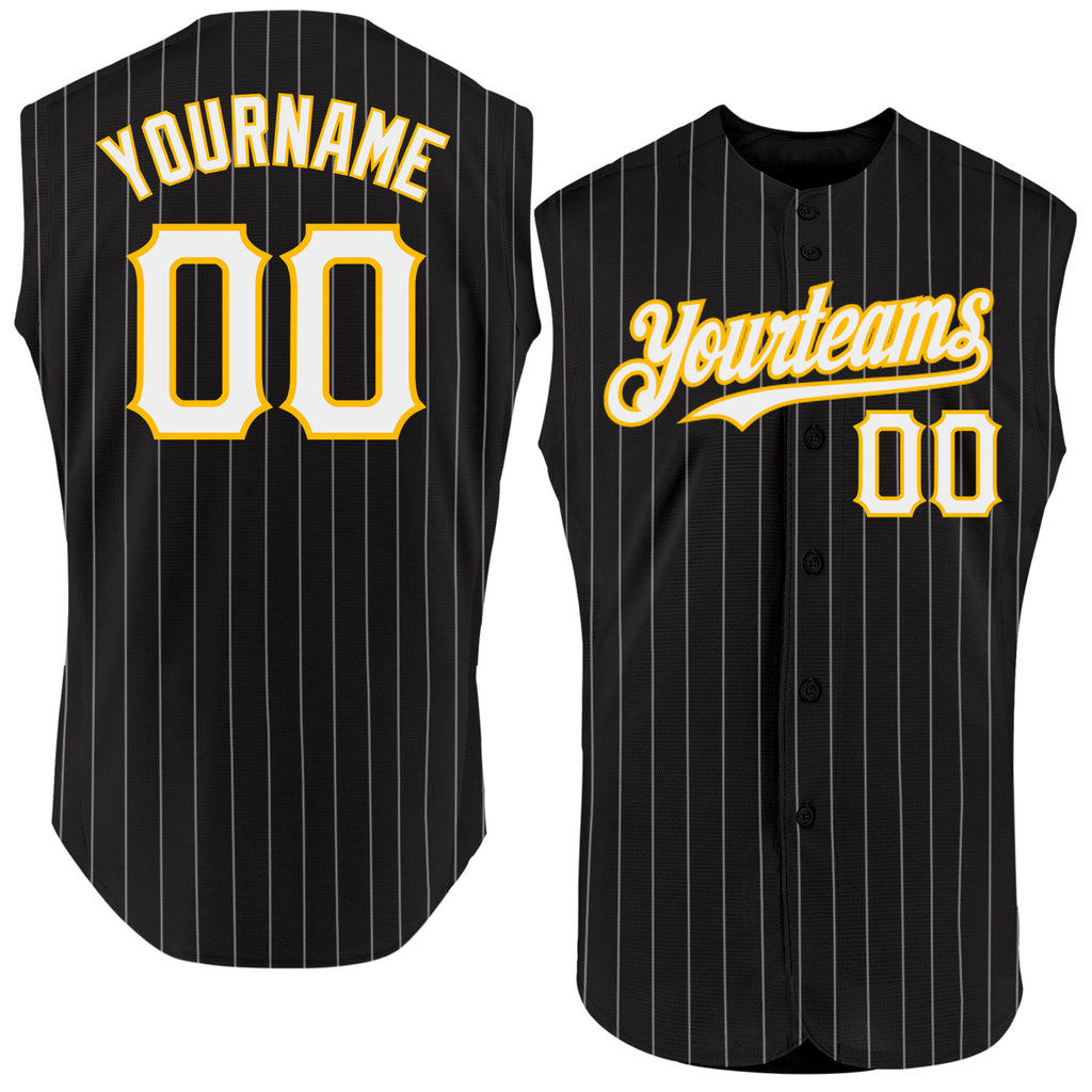 Custom Black White Pinstripe Gold Authentic Sleeveless Baseball Jersey