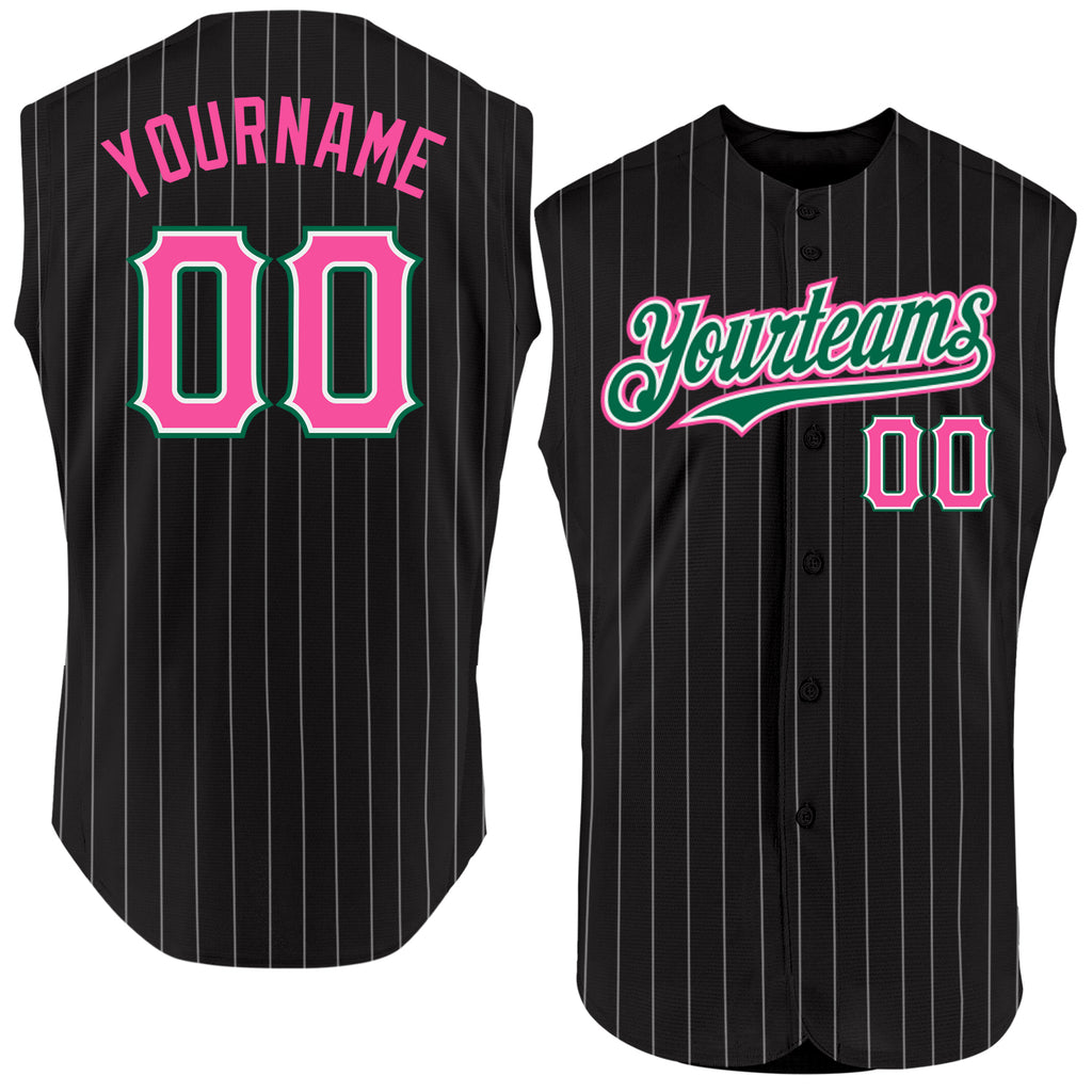 Custom Black White Pinstripe Pink-Kelly Green Authentic Sleeveless Baseball Jersey