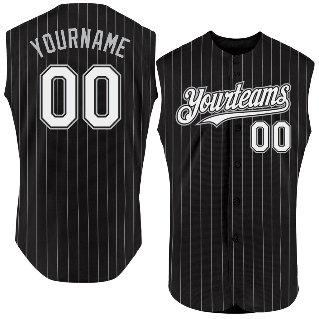 Custom Black White Pinstripe Gray Authentic Sleeveless Baseball Jersey