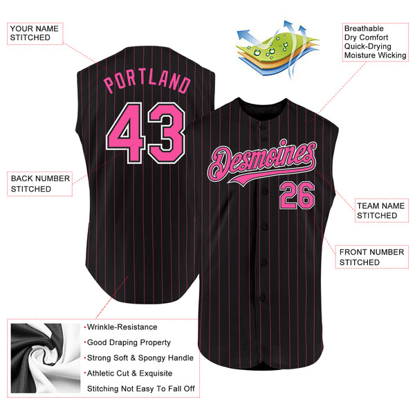 Custom Black Pink Pinstripe White Authentic Sleeveless Baseball Jersey