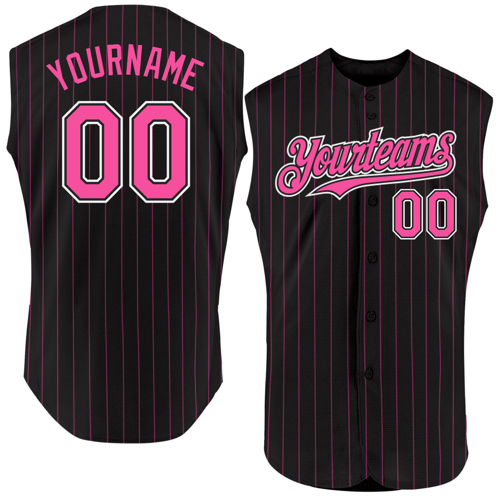 Custom Black Pink Pinstripe White Authentic Sleeveless Baseball Jersey