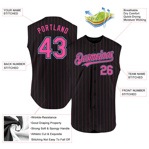 Custom Black Pink Pinstripe Light Blue Authentic Sleeveless Baseball Jersey