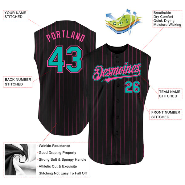 Custom Black Pink Pinstripe Aqua Authentic Sleeveless Baseball Jersey