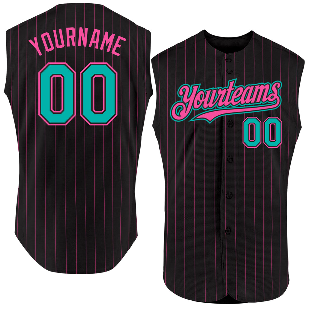 Custom Black Pink Pinstripe Aqua Authentic Sleeveless Baseball Jersey