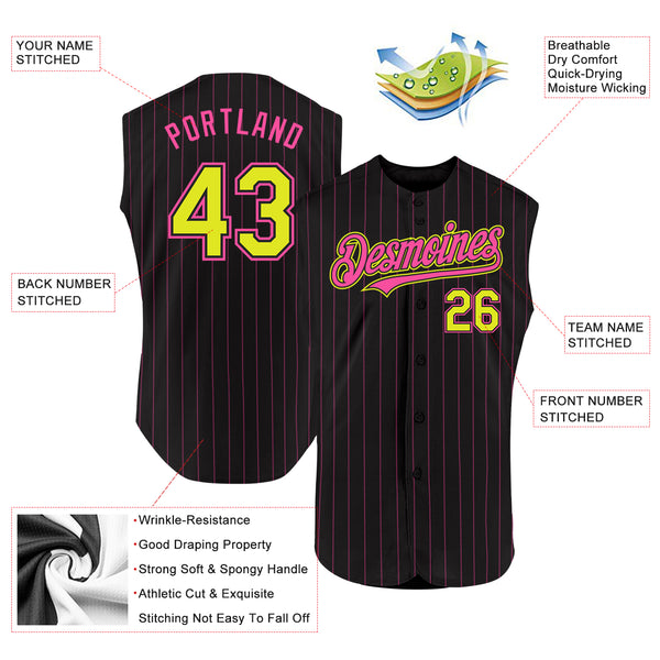 Custom Black Pink Pinstripe Neon Yellow Authentic Sleeveless Baseball Jersey