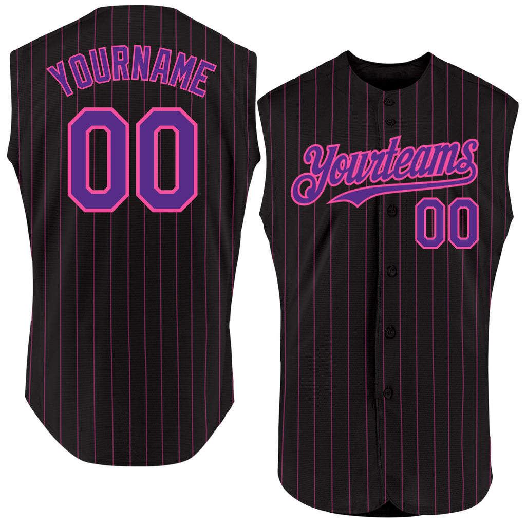 Custom Black Pink Pinstripe Purple Authentic Sleeveless Baseball Jersey