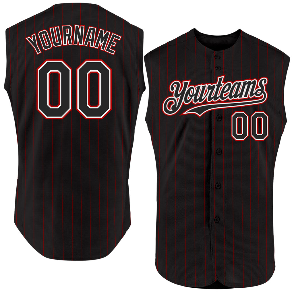 Custom Black Red Pinstripe White Authentic Sleeveless Baseball Jersey