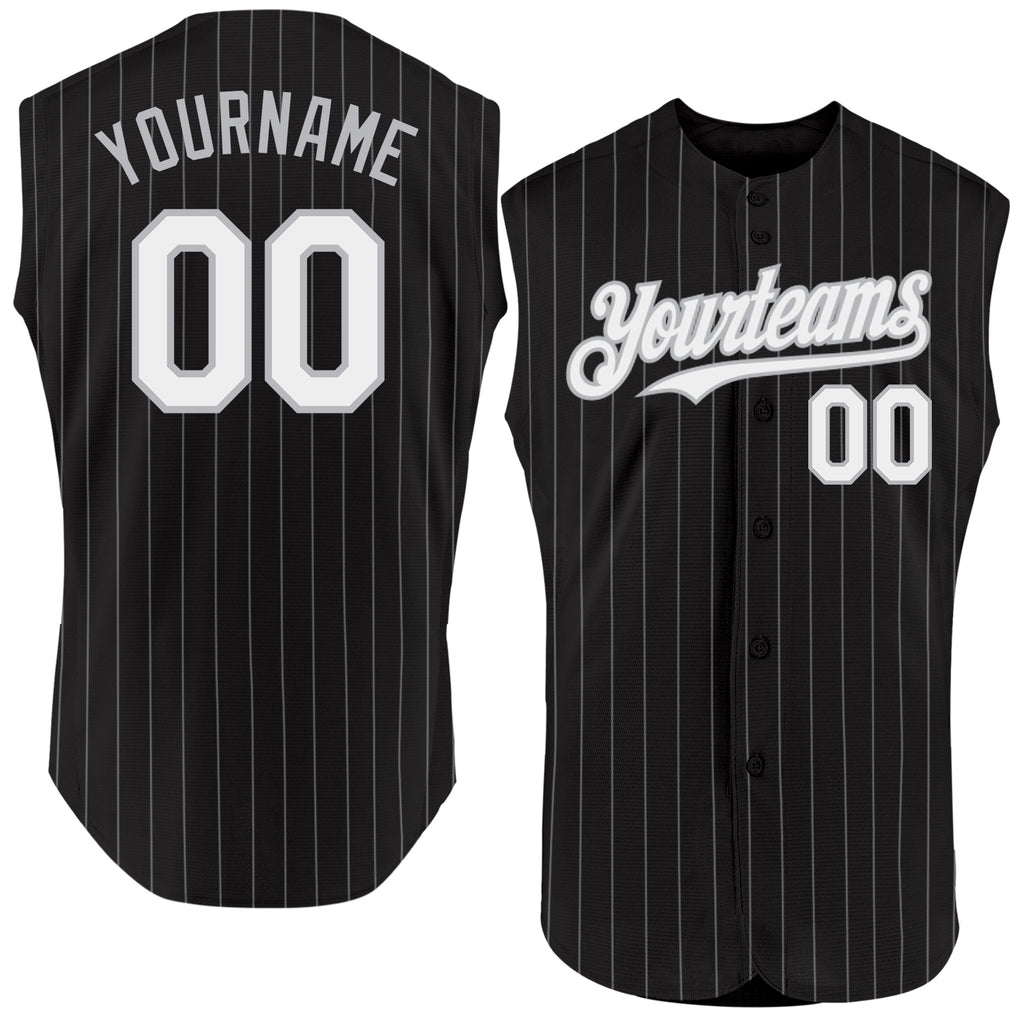 Custom Black Gray Pinstripe White Authentic Sleeveless Baseball Jersey