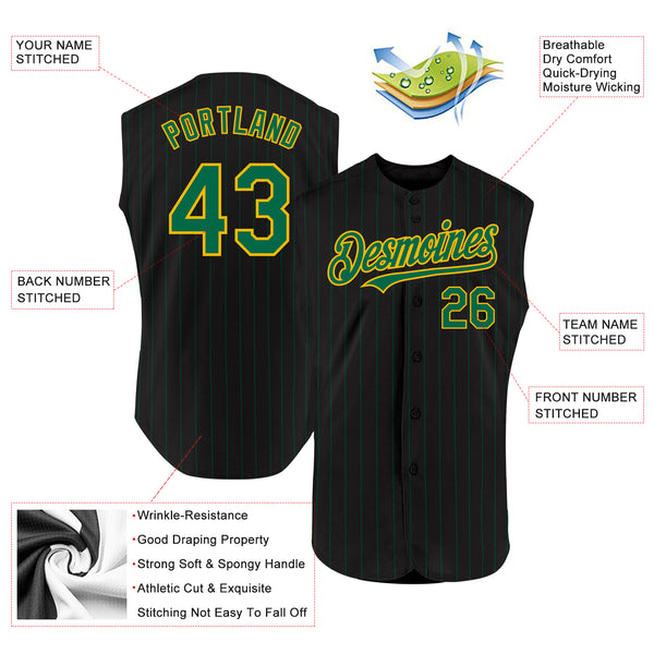 Custom Black Kelly Green Pinstripe Gold Authentic Sleeveless Baseball Jersey