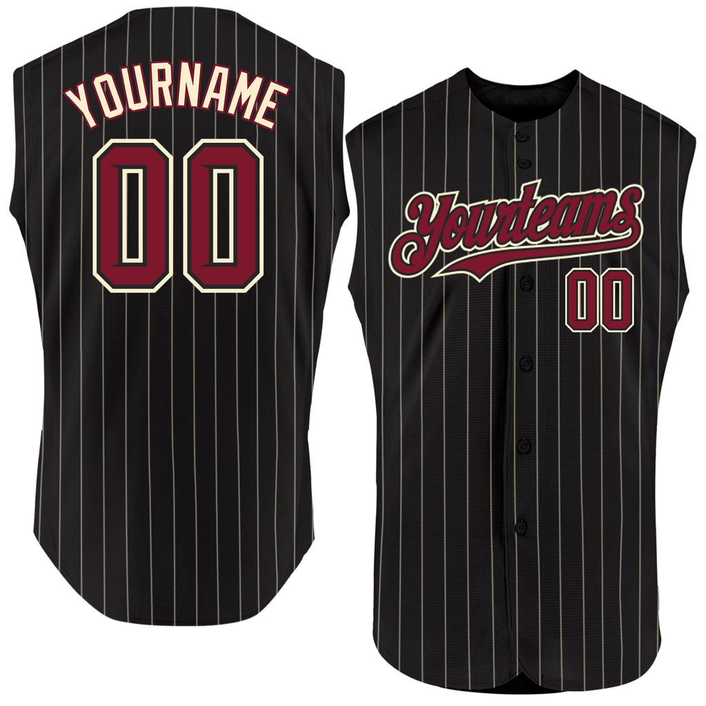 Custom Black Cream Pinstripe Crimson Authentic Sleeveless Baseball Jersey