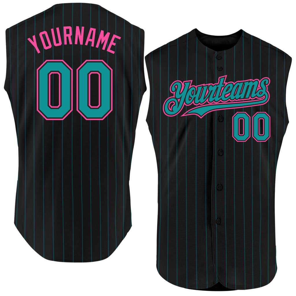 Custom Black Teal Pinstripe Pink Authentic Sleeveless Baseball Jersey