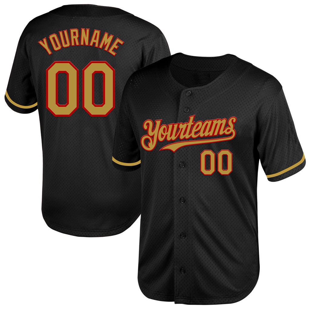 Custom Black Old Gold-Red Mesh Authentic Throwback Baseball Jersey