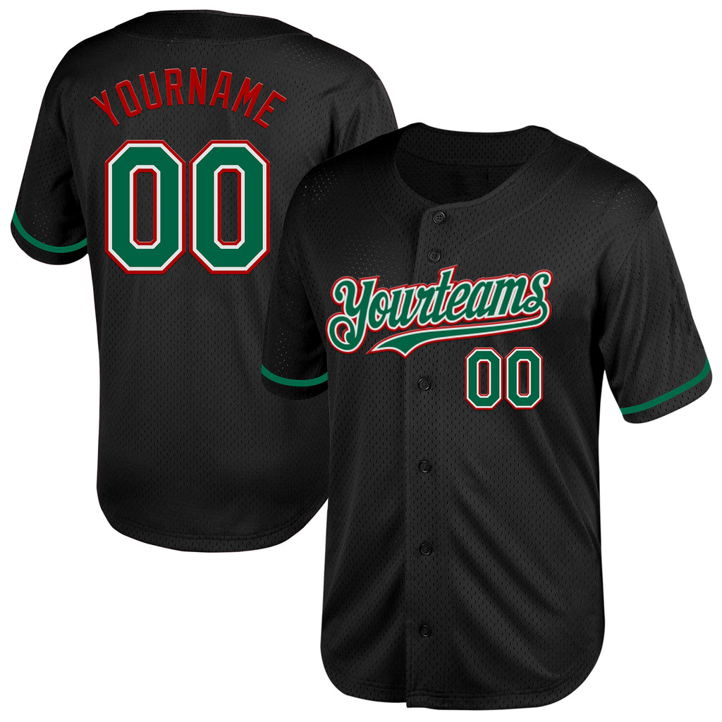 Custom Black Kelly Green-Red Mesh Authentic Throwback Baseball Jersey